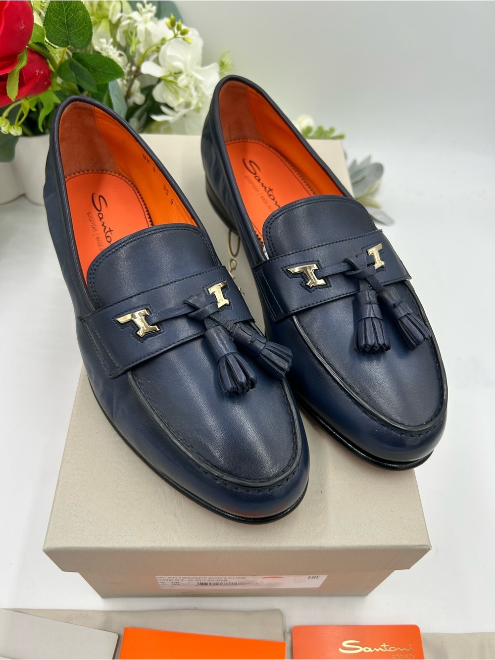 Men's Santoni blue Leather tassel loafers size 9 US made in Italy